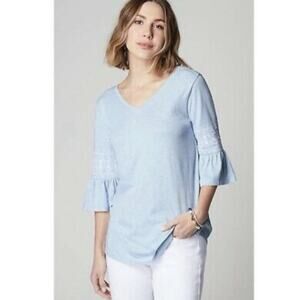 J Jill Embroidered Sleeve Double V-Tee Heather Blue Size M Flutter Casual Boho